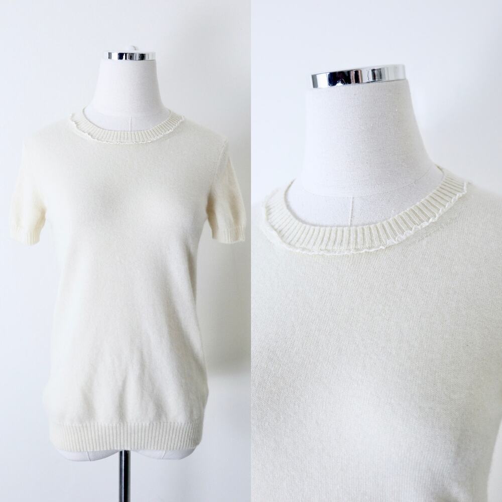 Rochas Cashmere Short Sleeve Sweater Knit Top Cream Lace Trim
